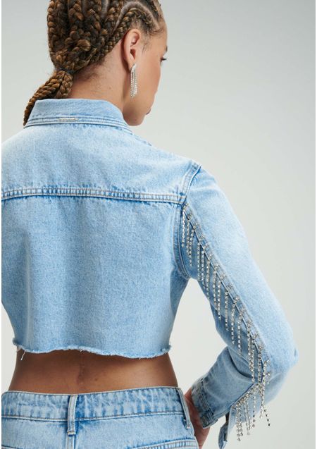 Jaqueta Jeans Cropped com Franjas
