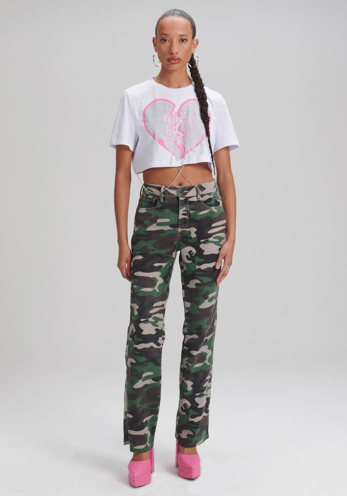 Calça Sarja Wide Leg High Estampada
