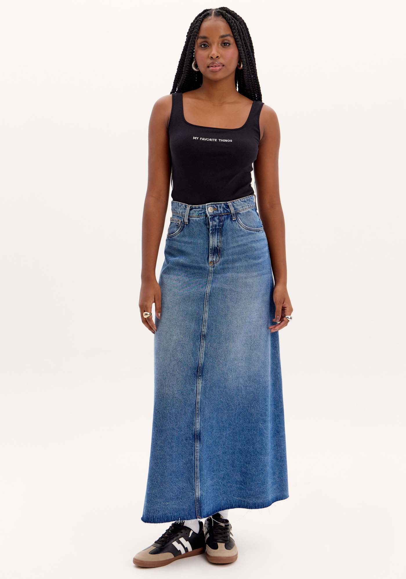 Saia Longa Evasê Jeans