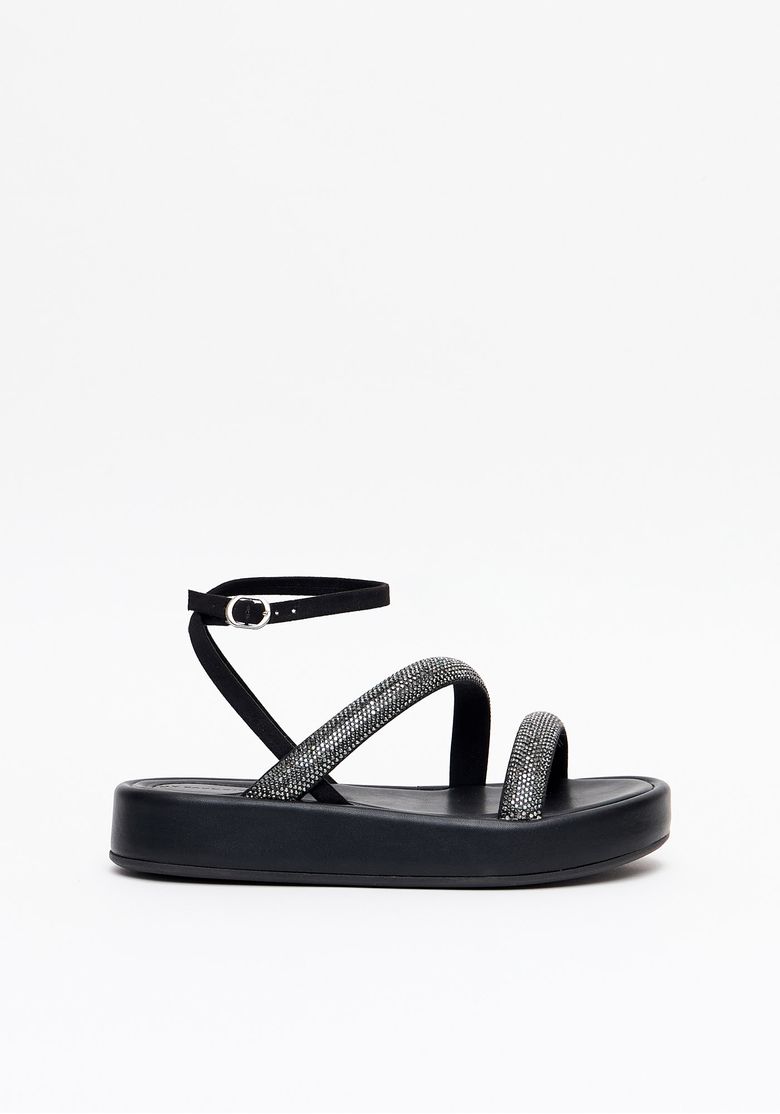 Sandália papete feminina rosa - vista lateral com sola flatform 4 cm e tiras com strass