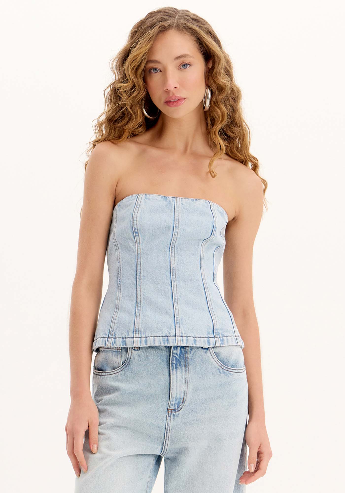 Blusa Corset Jeans Sem Alças