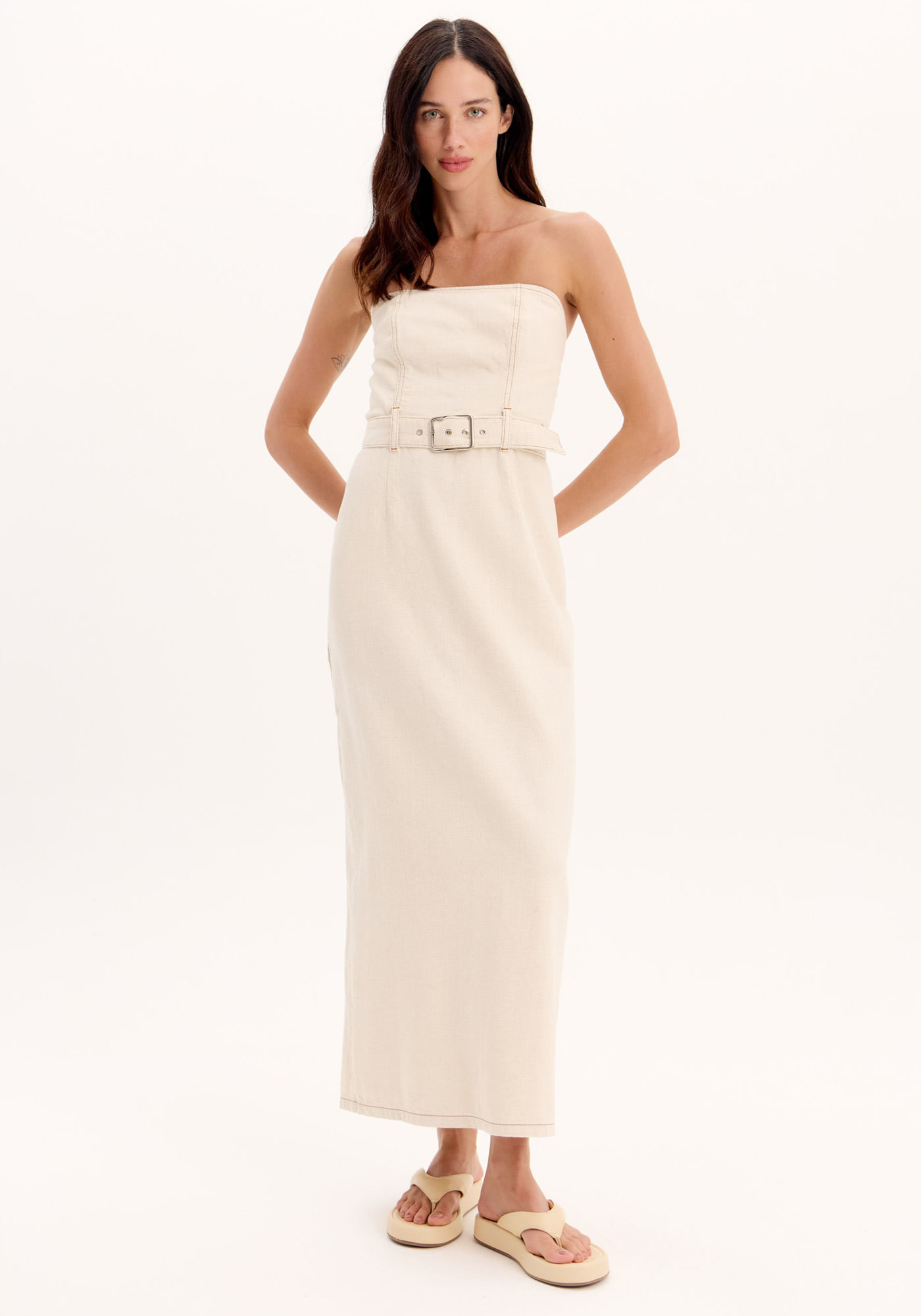 Vestido Sarja Midi sem Alças com Cinto