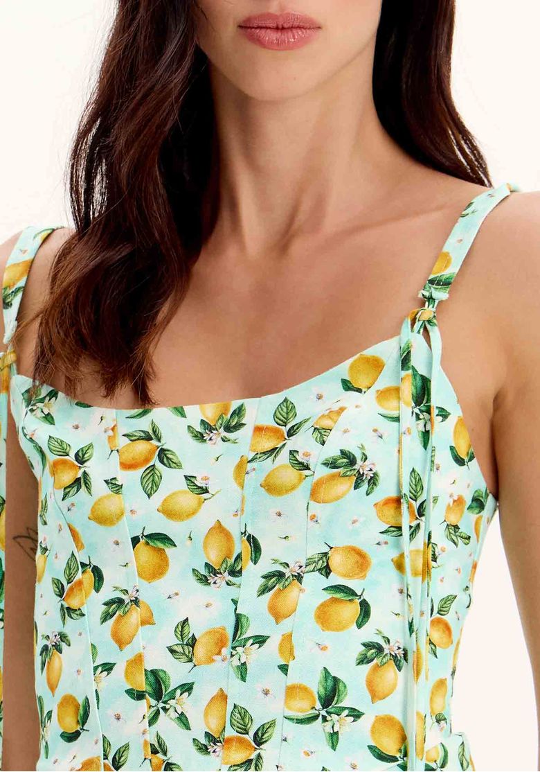 Close da blusa corset feminina estampada com limões sicilianos, mostrando decote U, recortes estruturados e alças largas