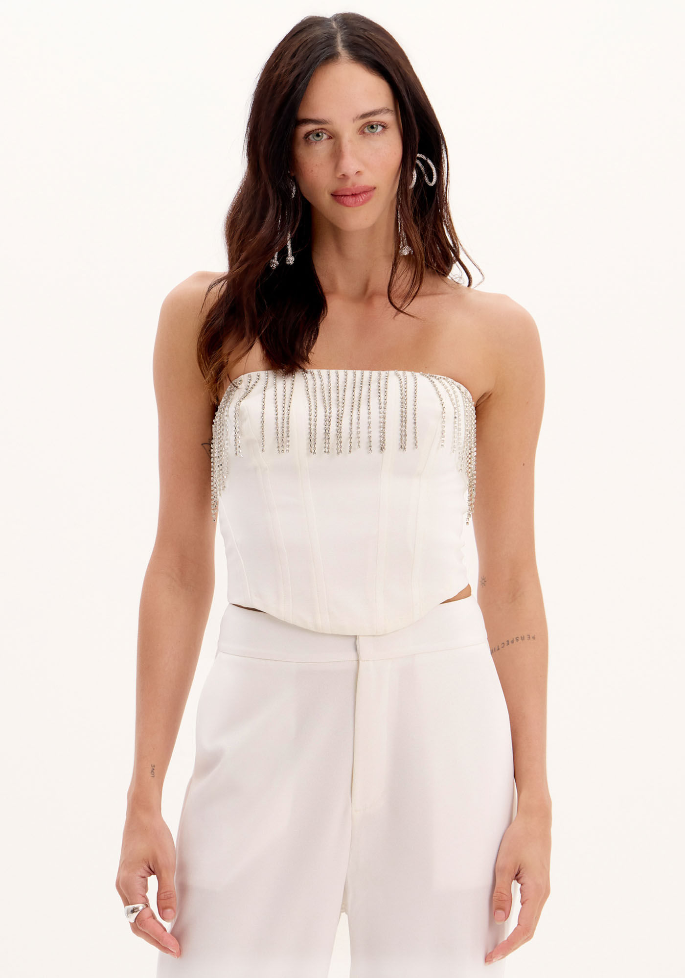 Blusa Corset Sem Alças Com Franja De Brilhos