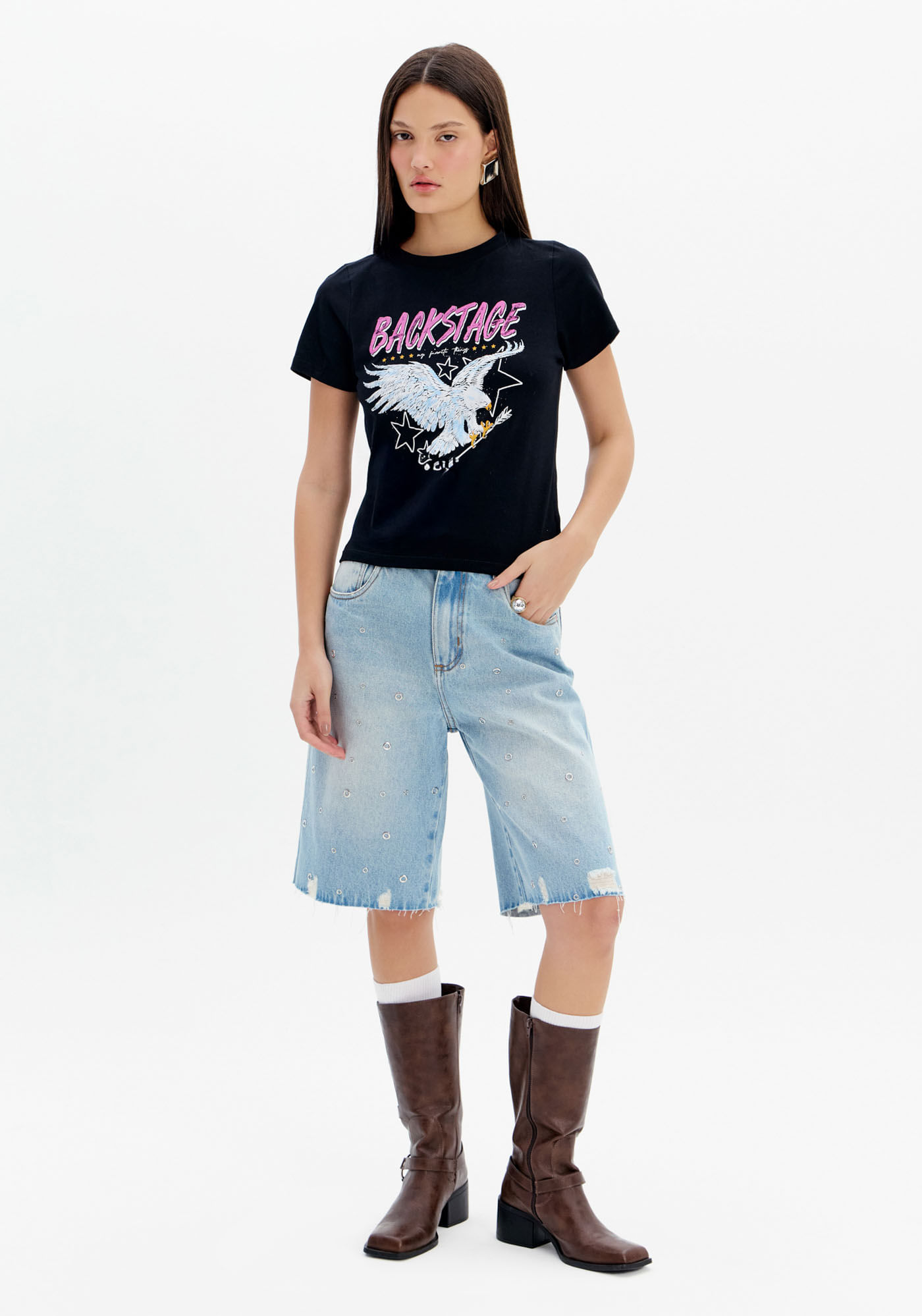 Bermuda Jeans Cintura Super Alta Aplicações