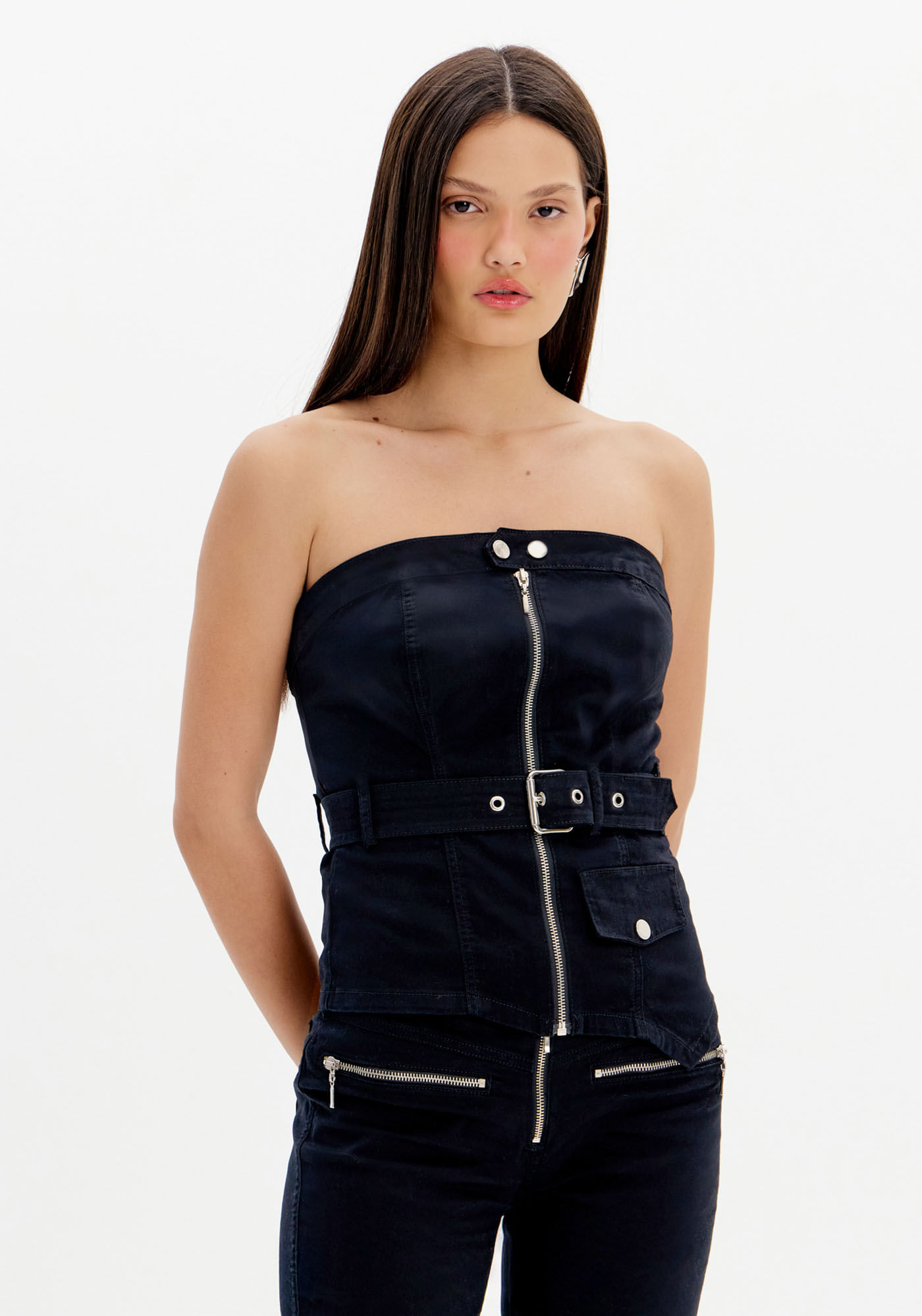 Blusa Corset Sarja Com Zíper e Cinto