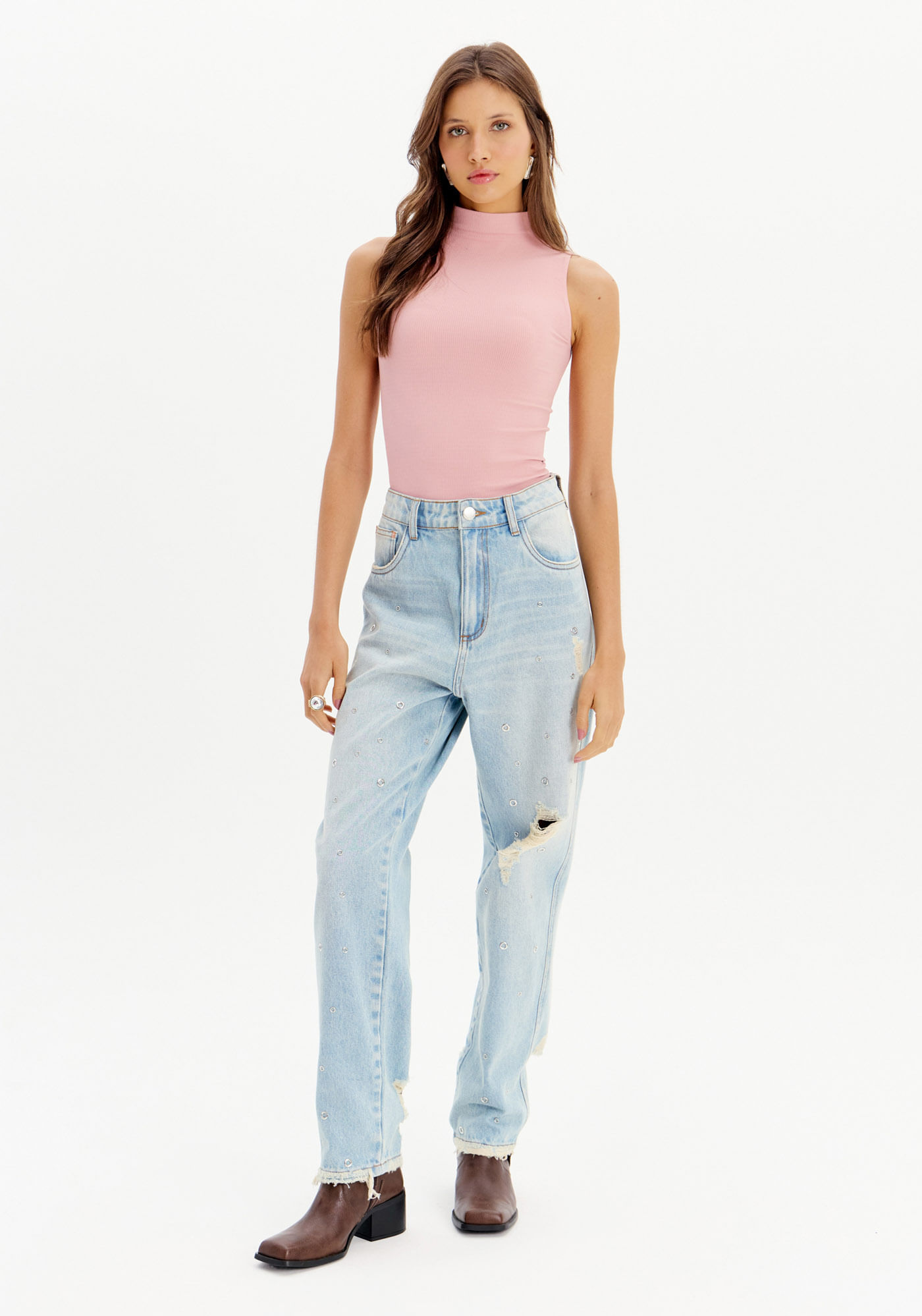 Calça Jeans Tapered Com Aplicações
