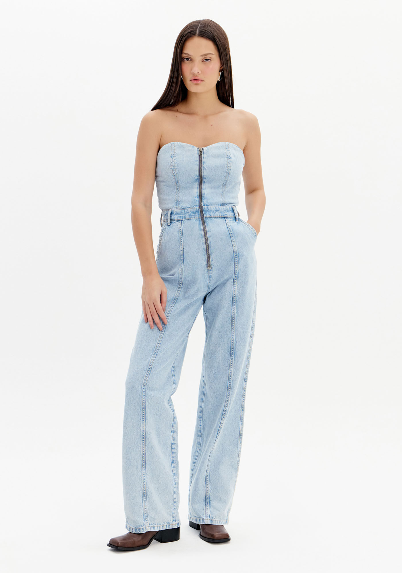 Macacão Longo Jeans Sem Alça Zíper