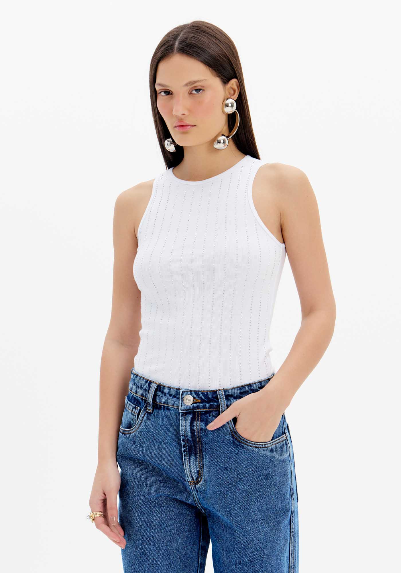 Blusa Regata Canelada com Brilhos