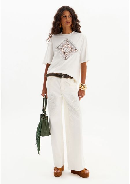 Calça Sarja Wide Leg com Aplicação