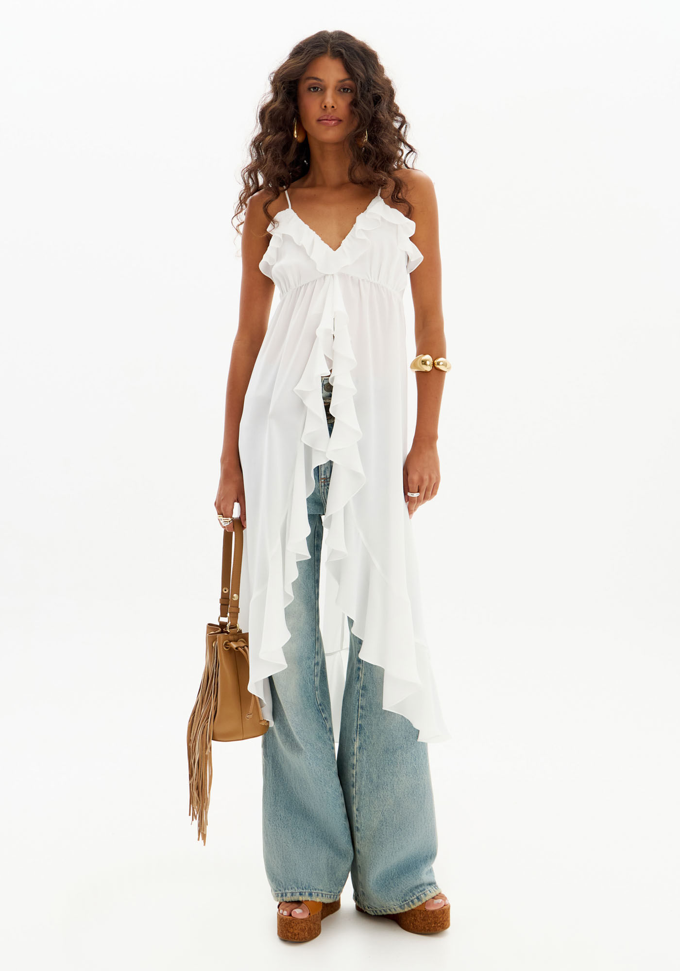 Blusa Alongada De Alças Com Babados