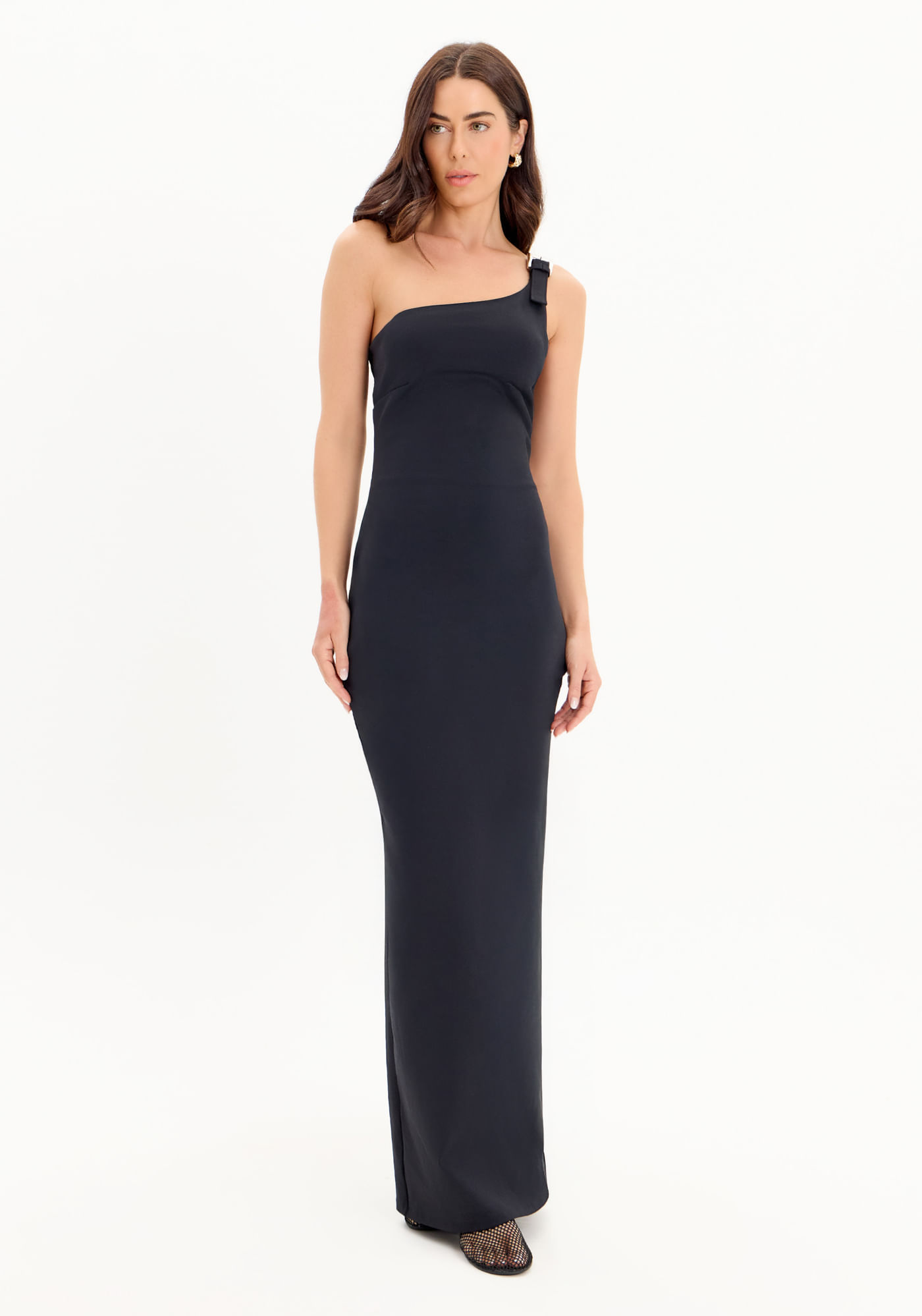 Vestido Super Midi Ombro Único com Fivela
