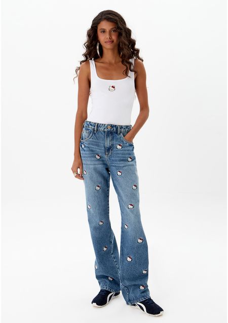 Calça Jeans Reta com Bordado Hello Kitty