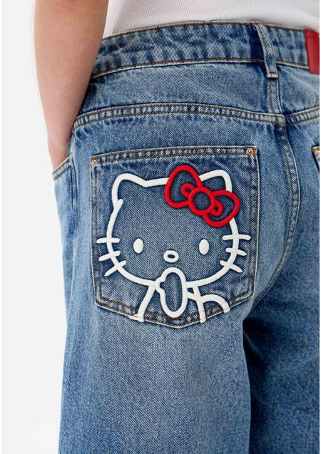 Bermuda Jeans Cintura Alta Bordado Hello Kitty