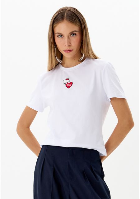 T-Shirt Baby Look Com Bordado Hello Kitty