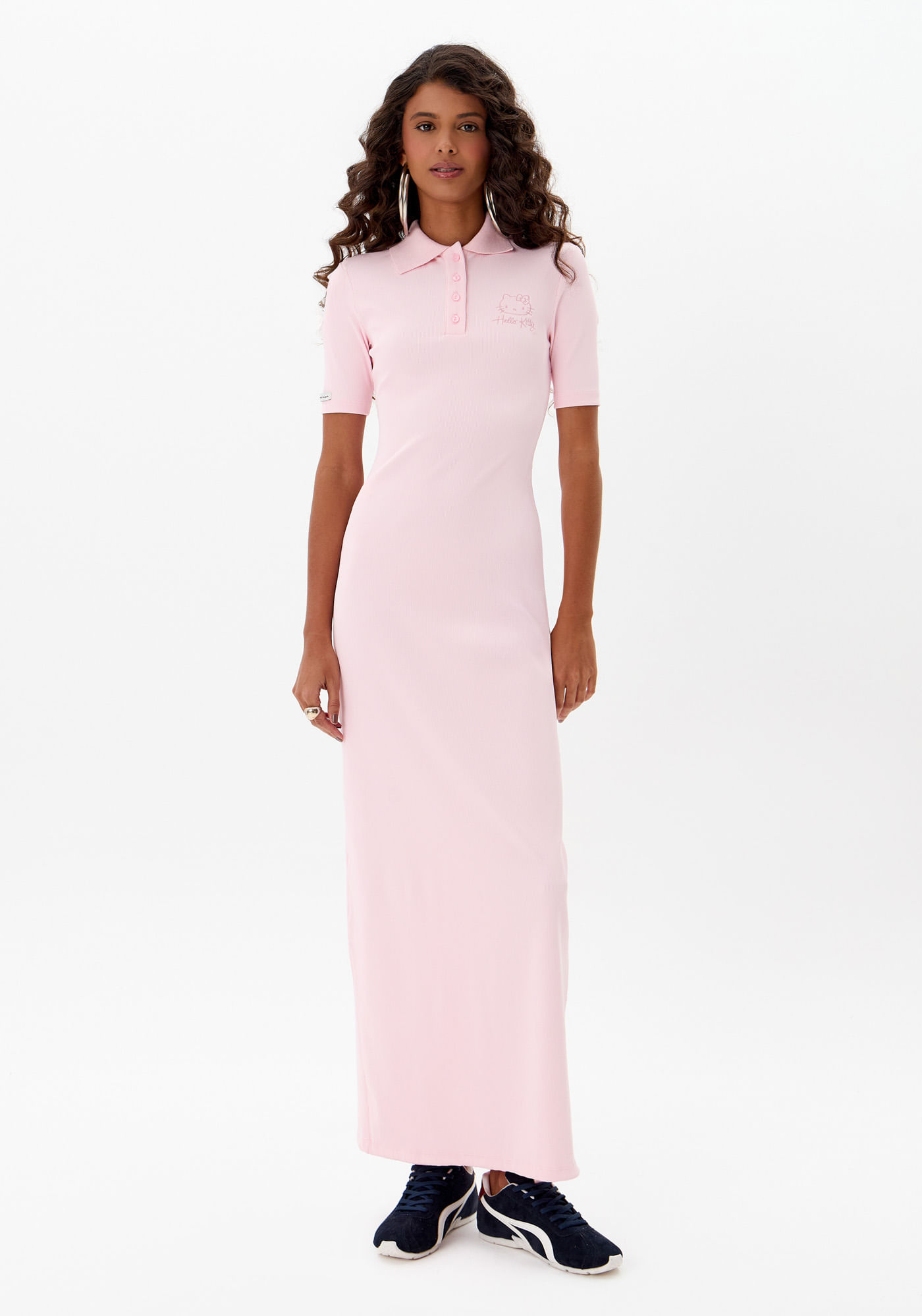 Vestido Super Midi Canelado Gola Polo Hello Kitty