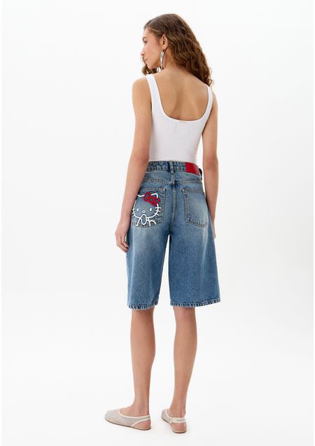 Bermuda Jeans Cintura Alta Bordado Hello Kitty