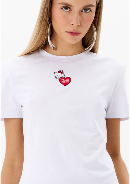 T-Shirt Baby Look Com Bordado Hello Kitty