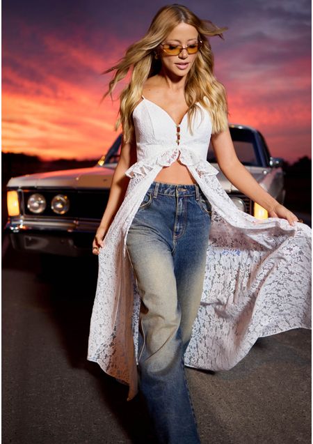 Blusa Alongada Com Babado Renda