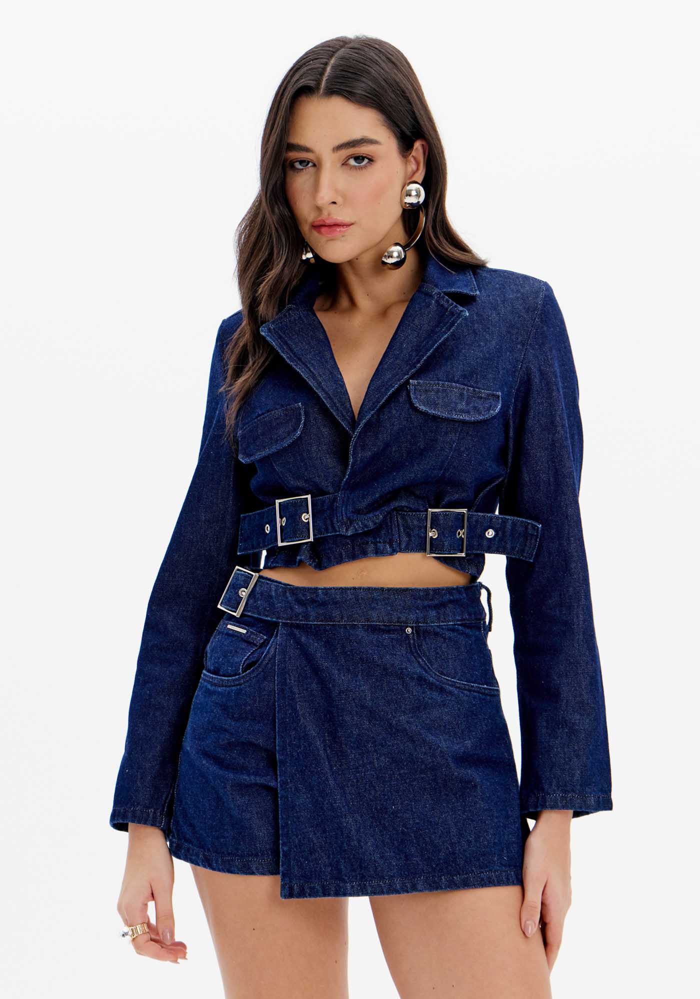 Blazer Jeans Cropped Com Fivelas