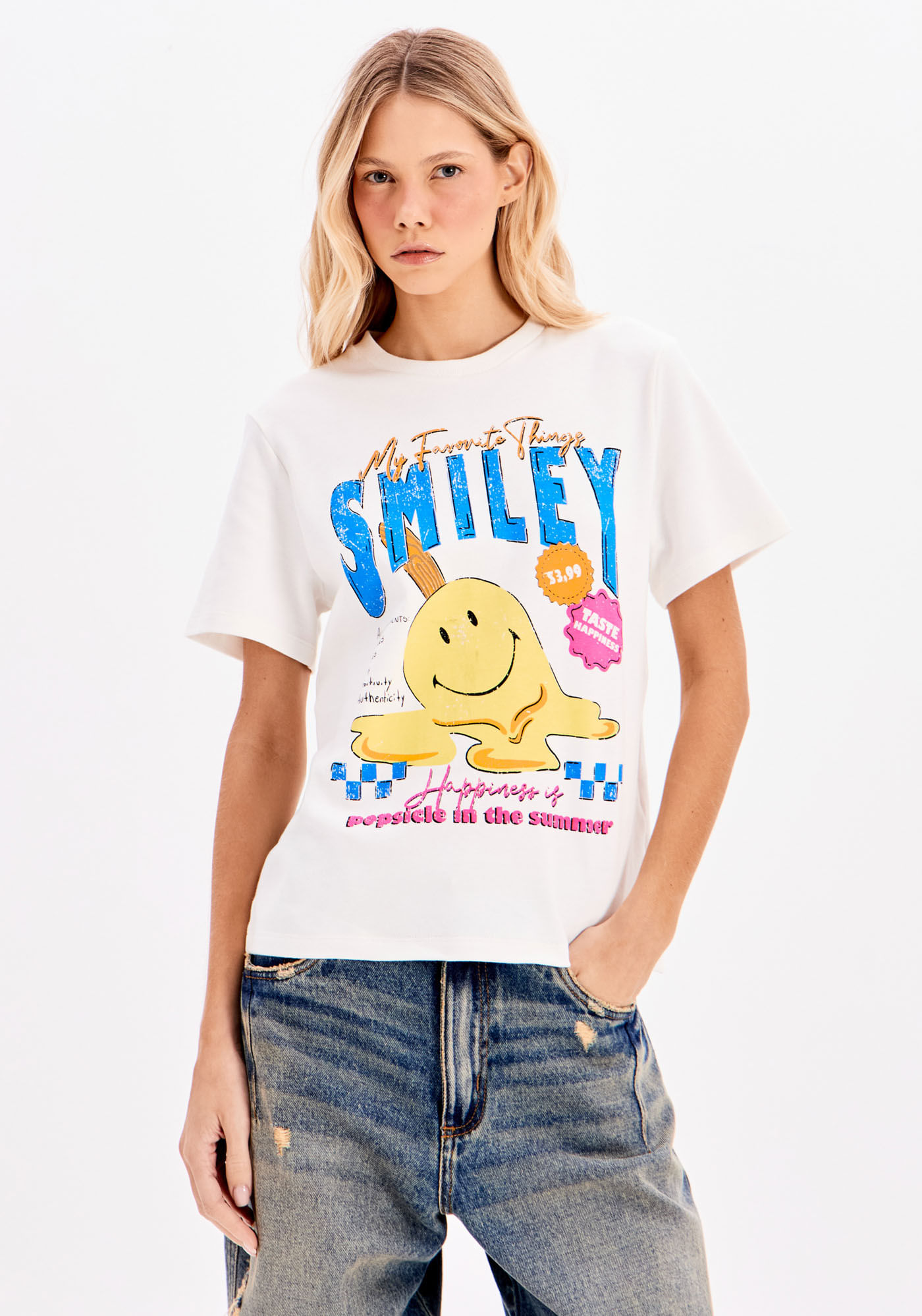 T-Shirt Regular Manga Curta Estampa Smiley