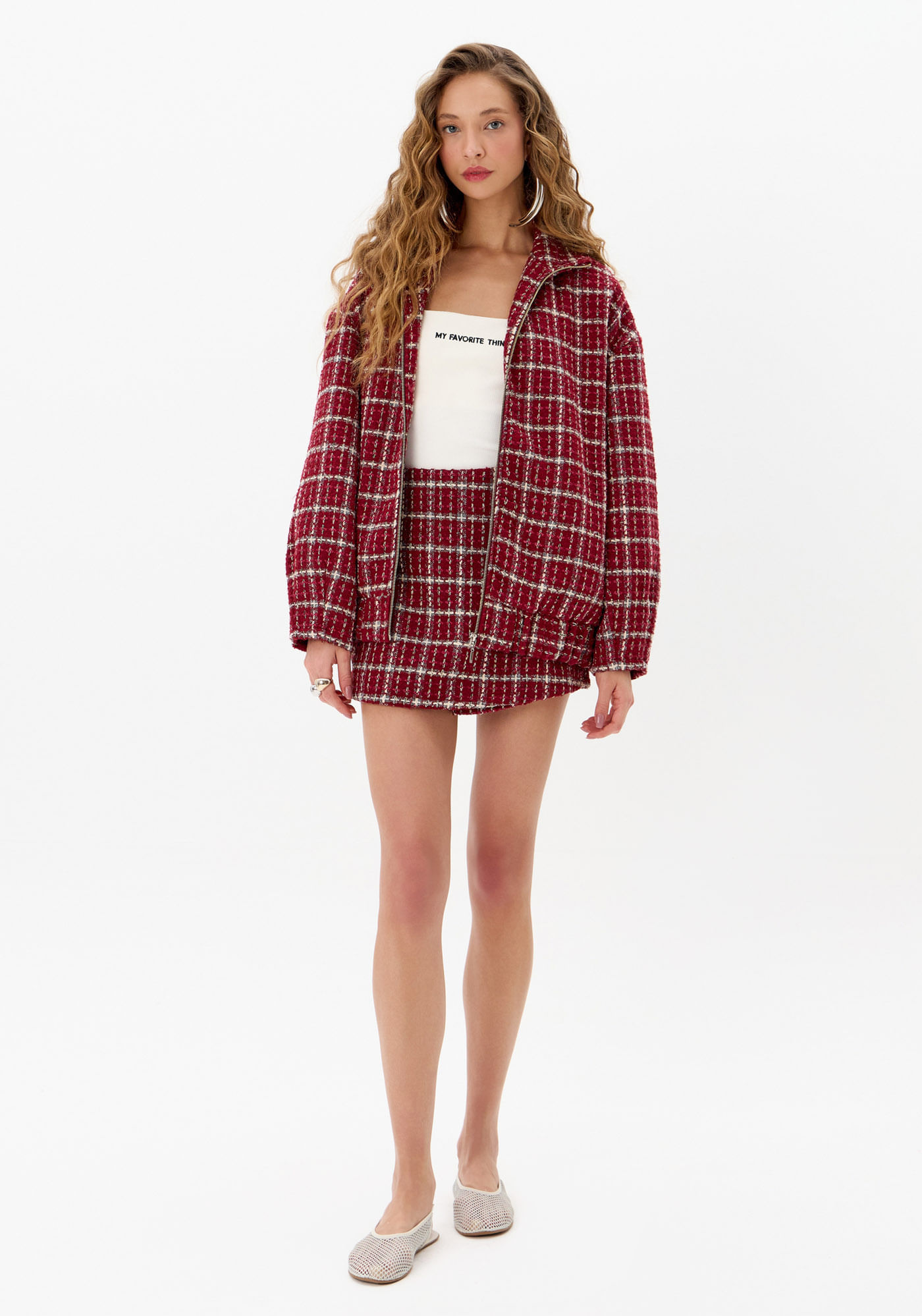 Short Saia Tweed Cintura Média