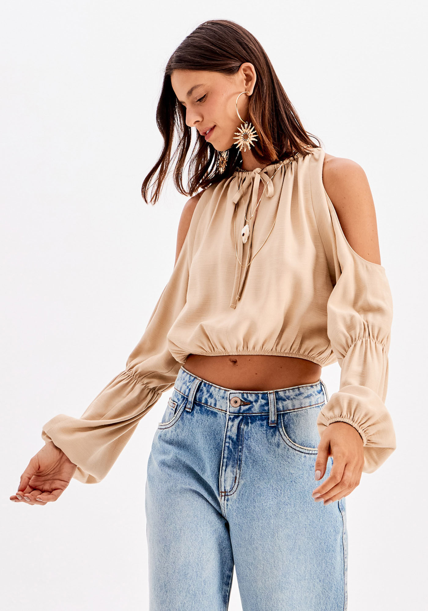 Blusa Cropped Manga Longa Ampla