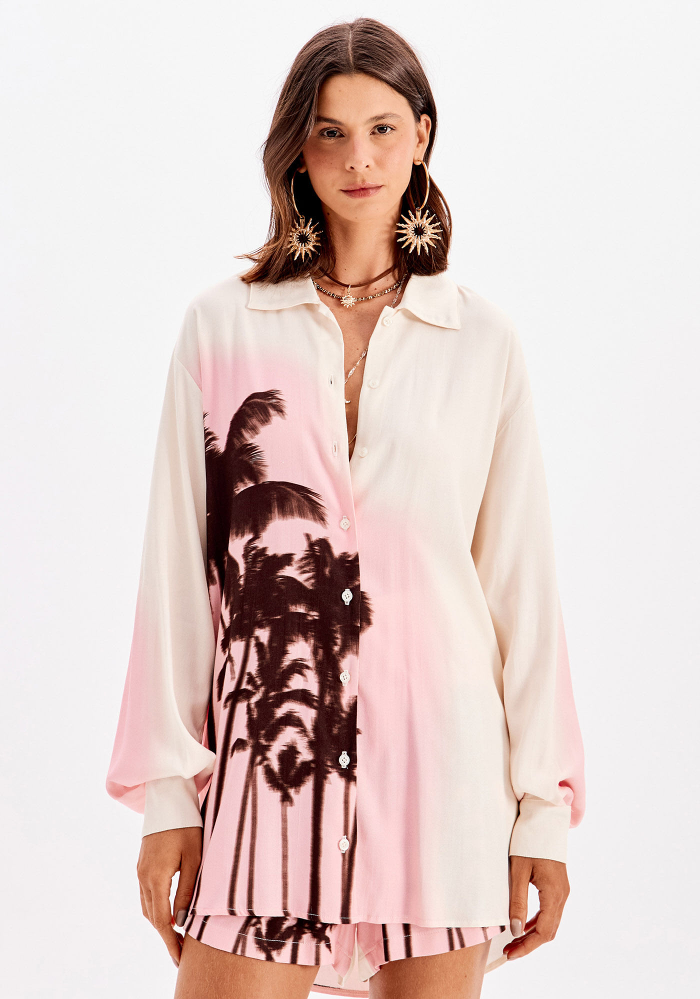 Camisa Alongada Estampada Manga Longa