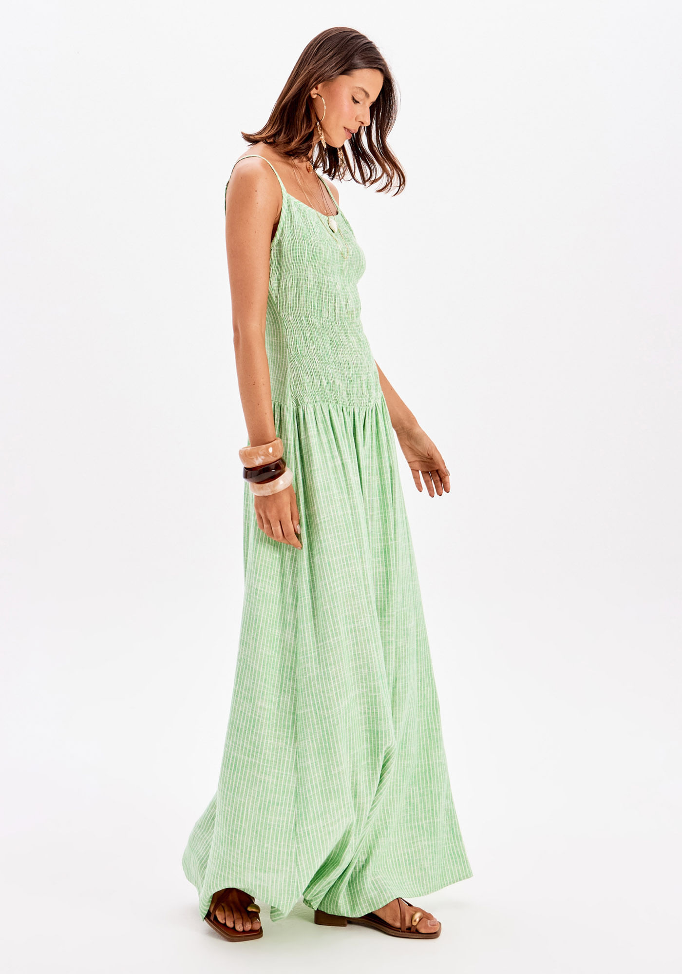 Vestido Longo De Alça Com Linho Listrado