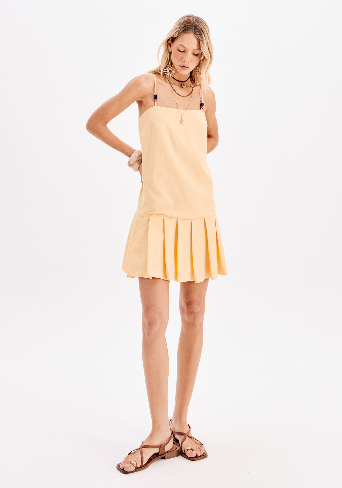 Vestido Curto De Alça Com Linho