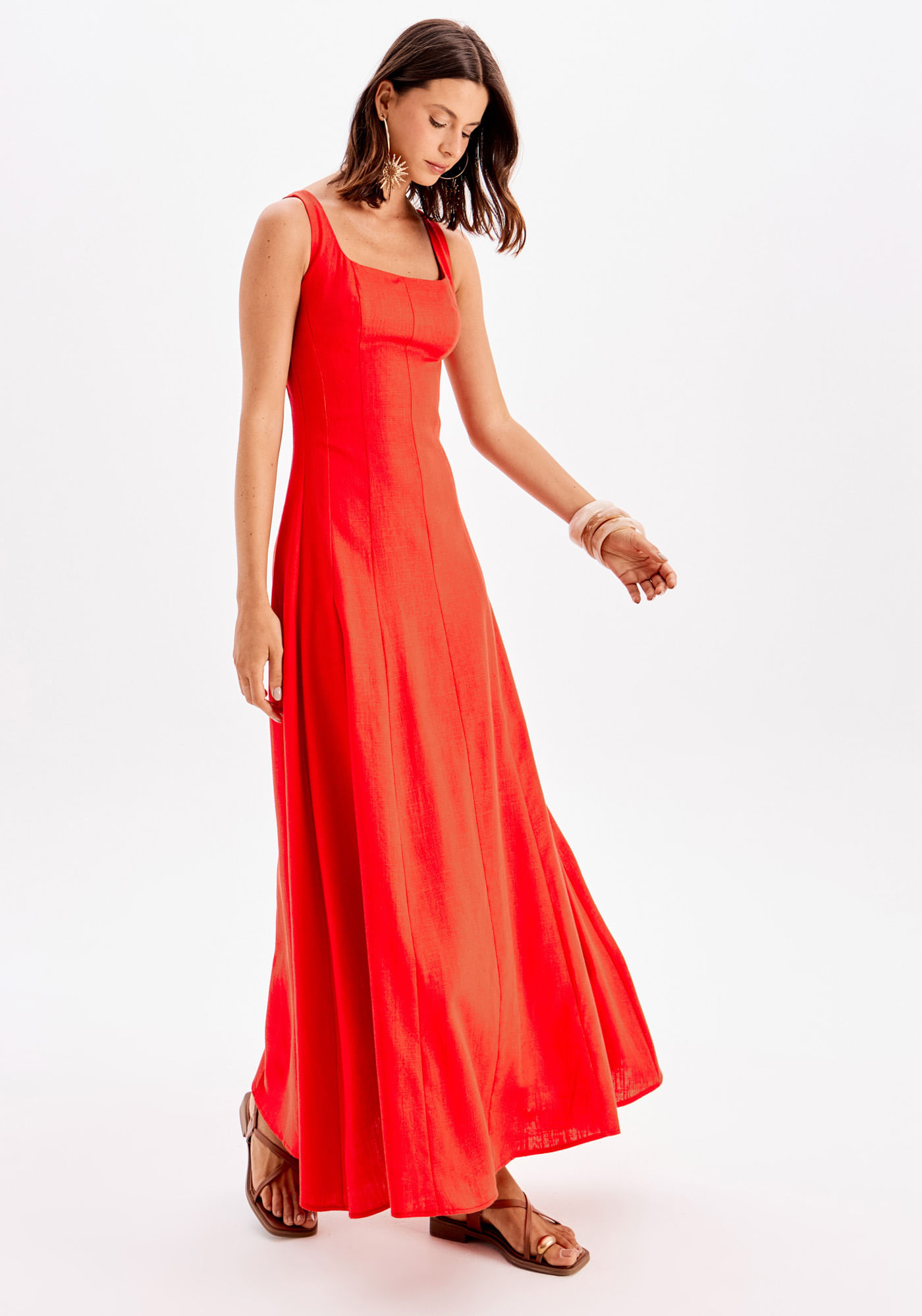 Vestido Super Midi De Alça Com Linho