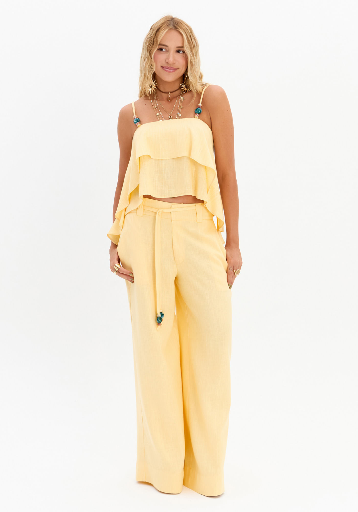 Calça Wide Leg Linho com Cinto