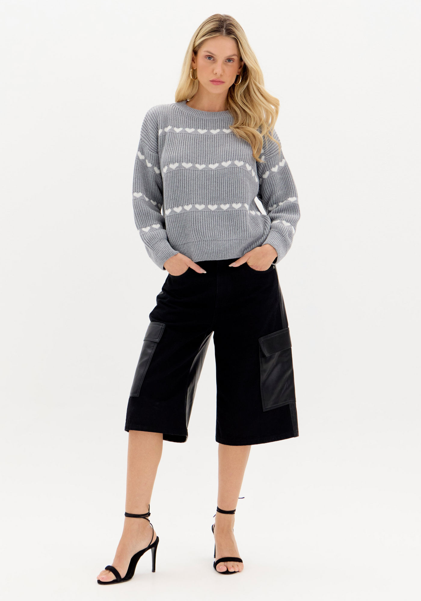 Blusa Tricot Manga Longa Corações