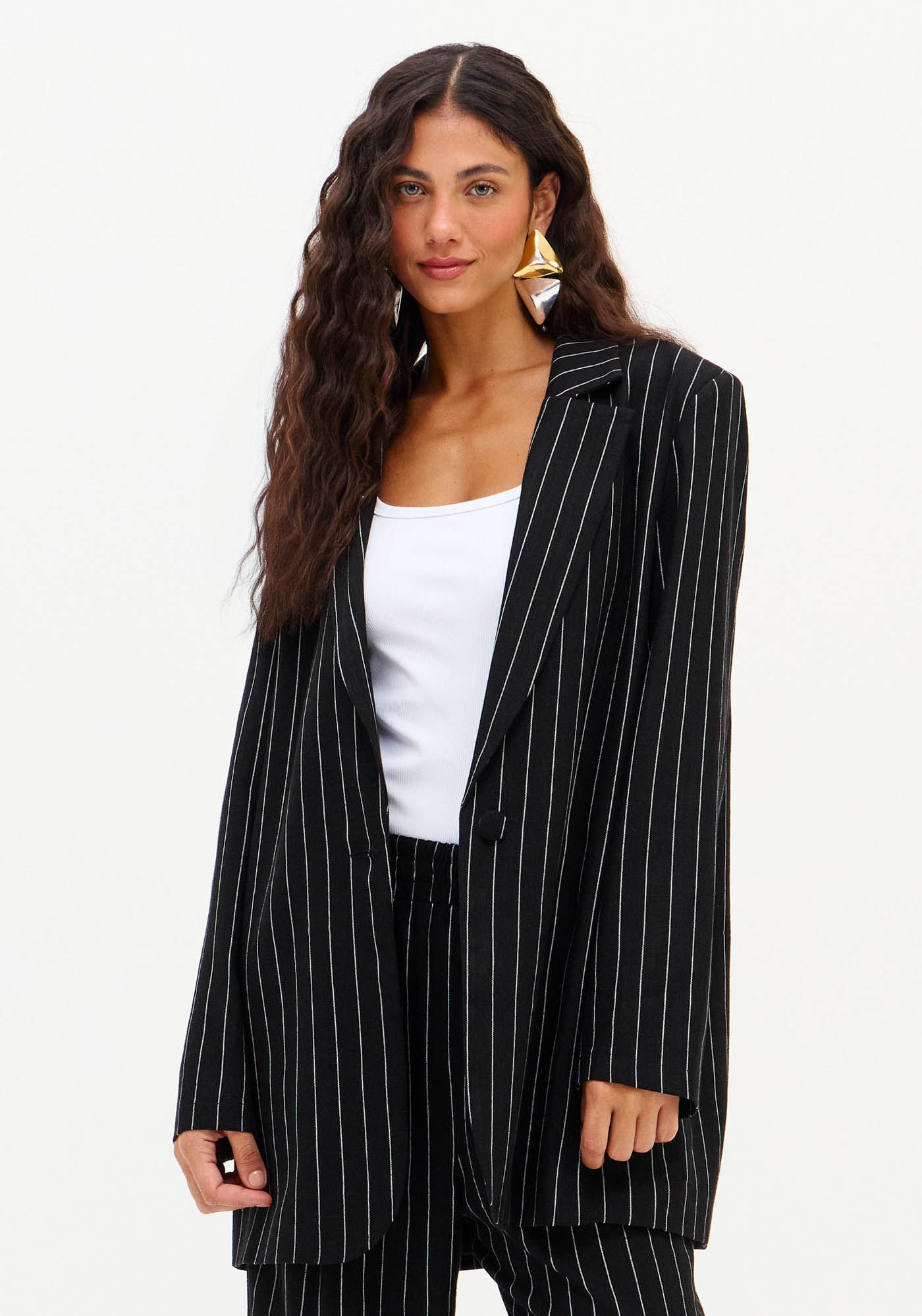 Blazer Oversized Alongado Com Linho Listrado