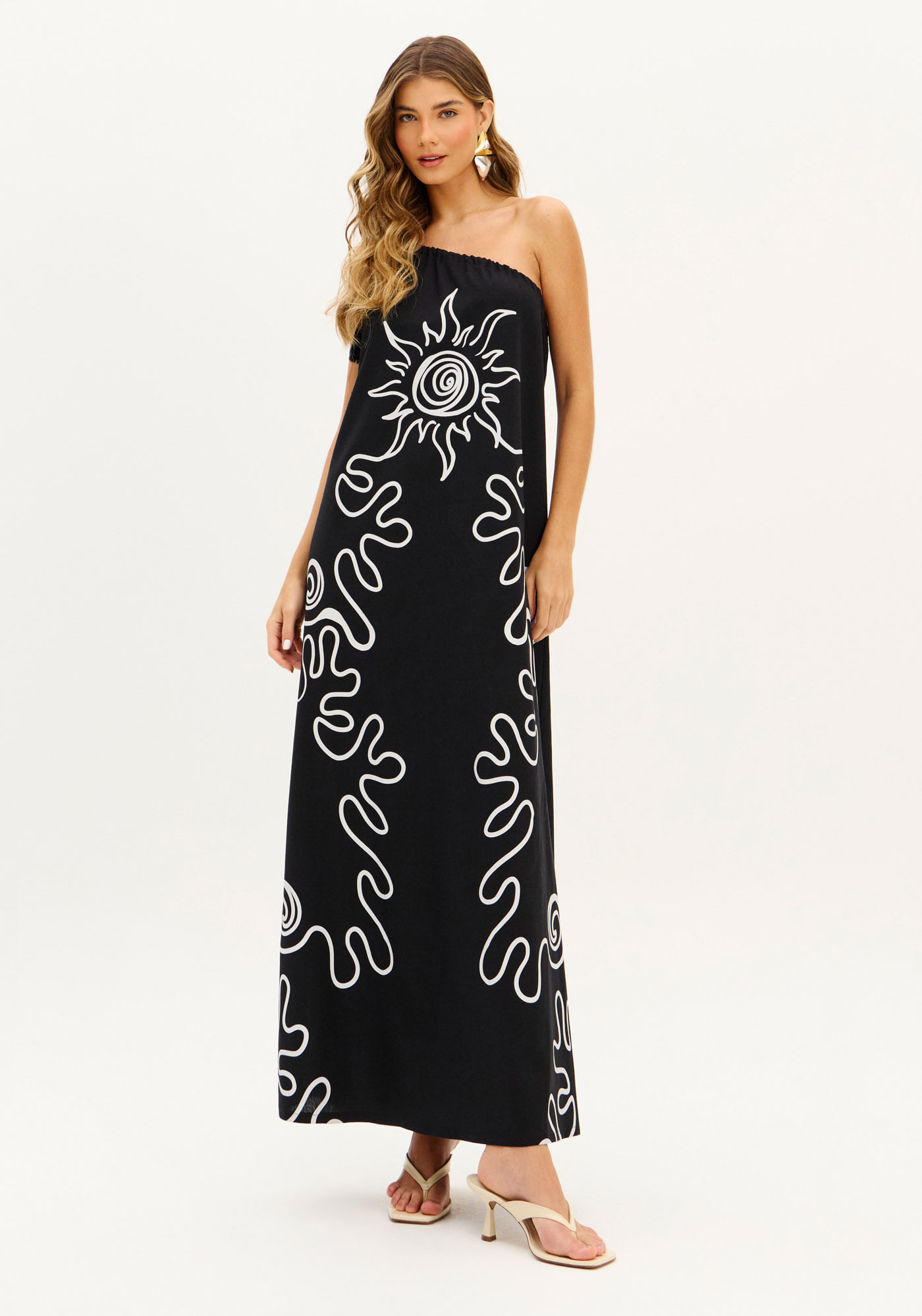 Vestido Super Midi Ombro Único Com Linho Estampado