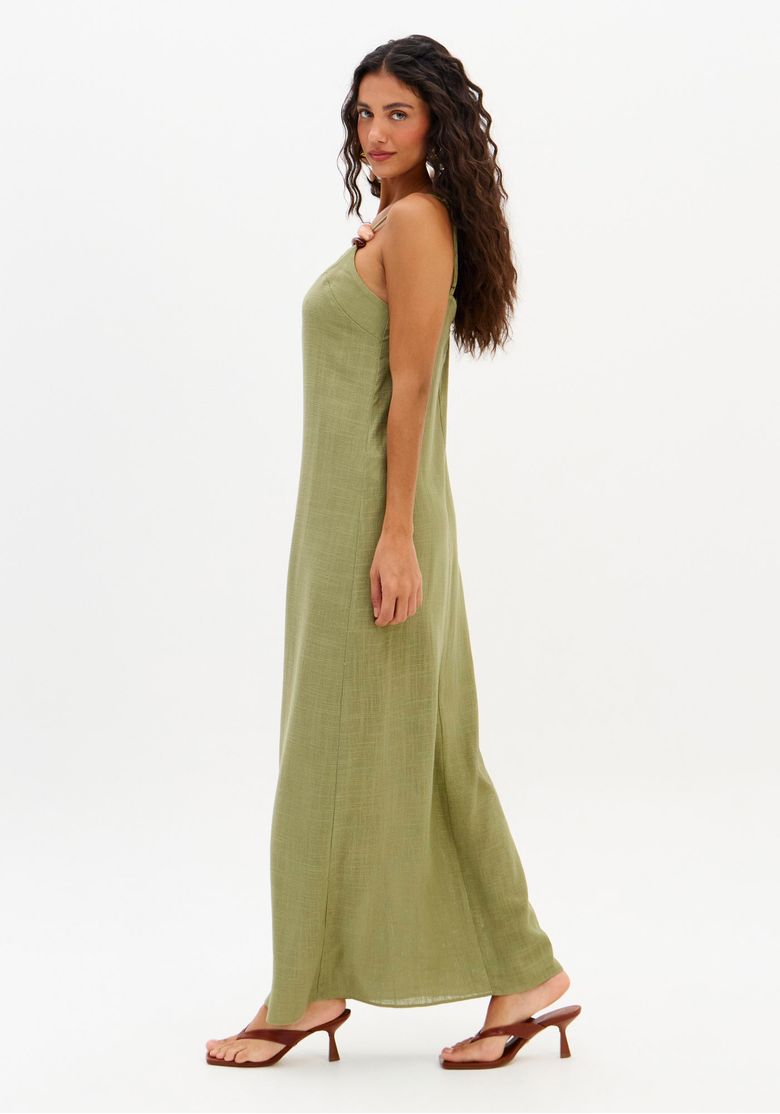 Vestido super midi linho marrom - vista lateral mostrando o corte reto e o comprimento super midi