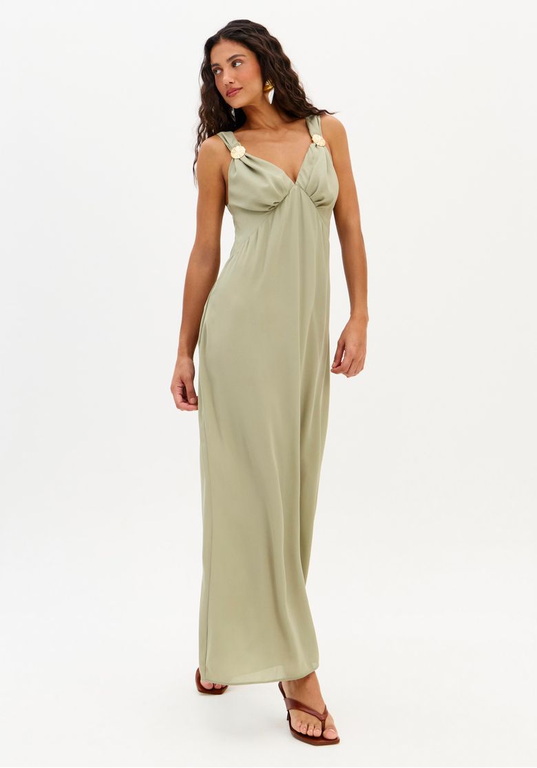 Vestido super midi marrom detalhe frontal: drapeado no busto e decote V profundo