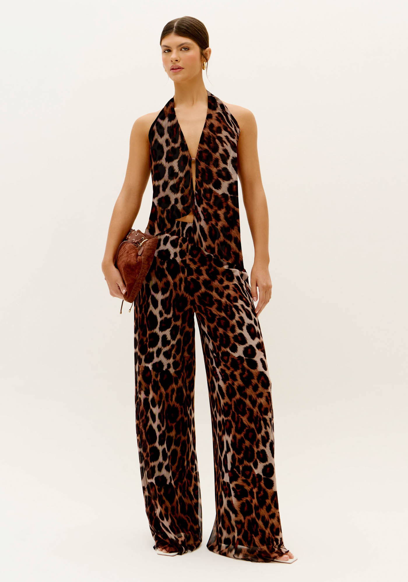 Calça Wide Leg Cintura Média Estampada Tule
