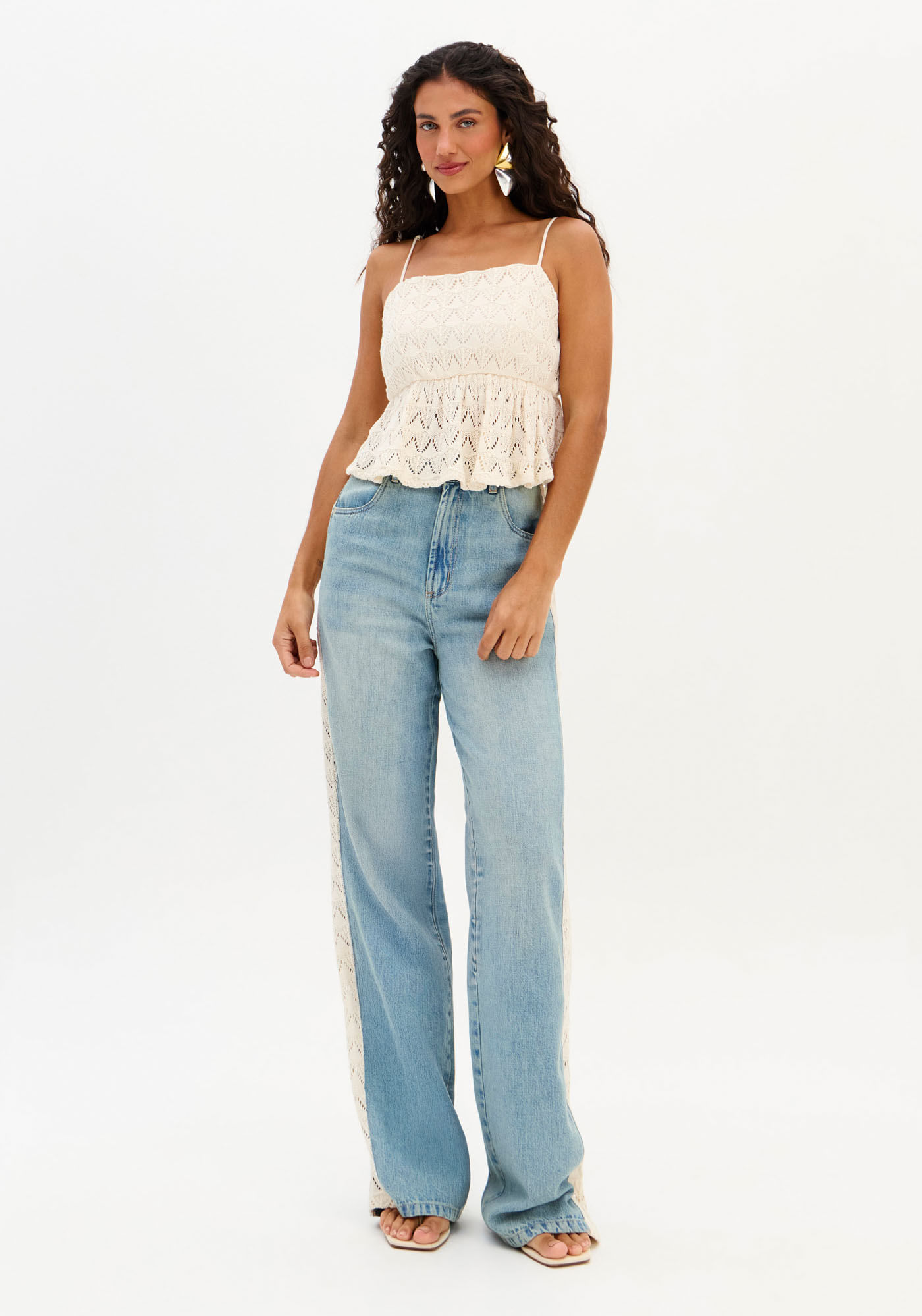 Calça Jeans Full Length Com Tricô Cintura Alta