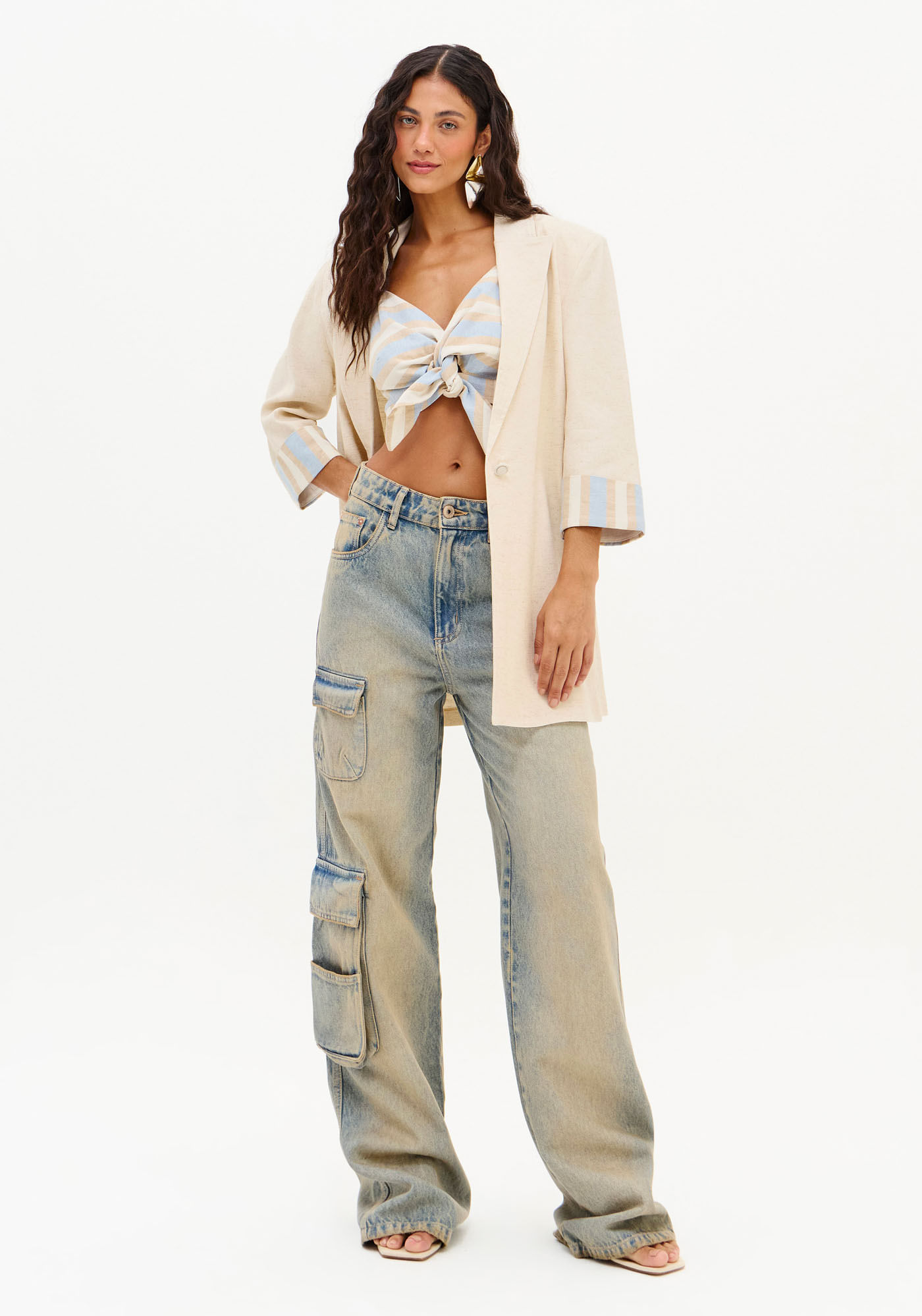 Calça Jeans Full Length Cintura Alta Cargo