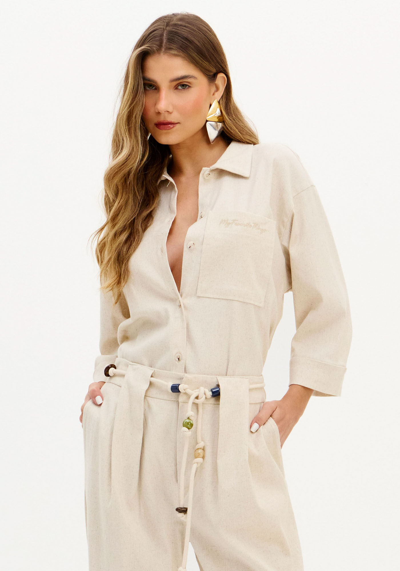 Camisa Oversized Manga 7/8 Com Linho