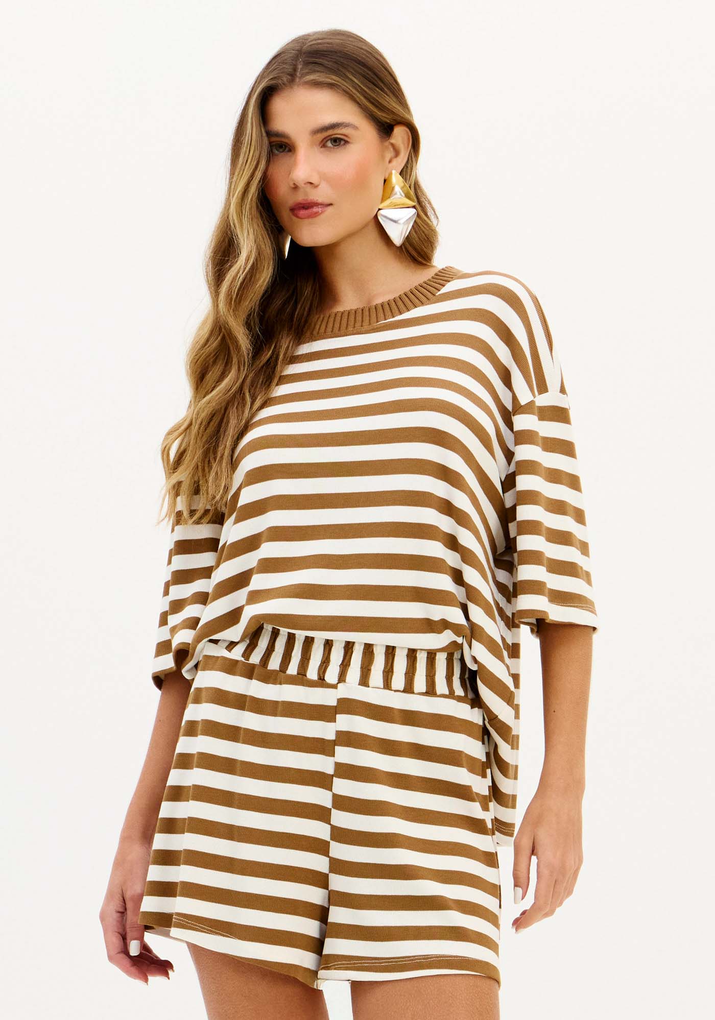 Blusa Ampla Manga Média Listrada