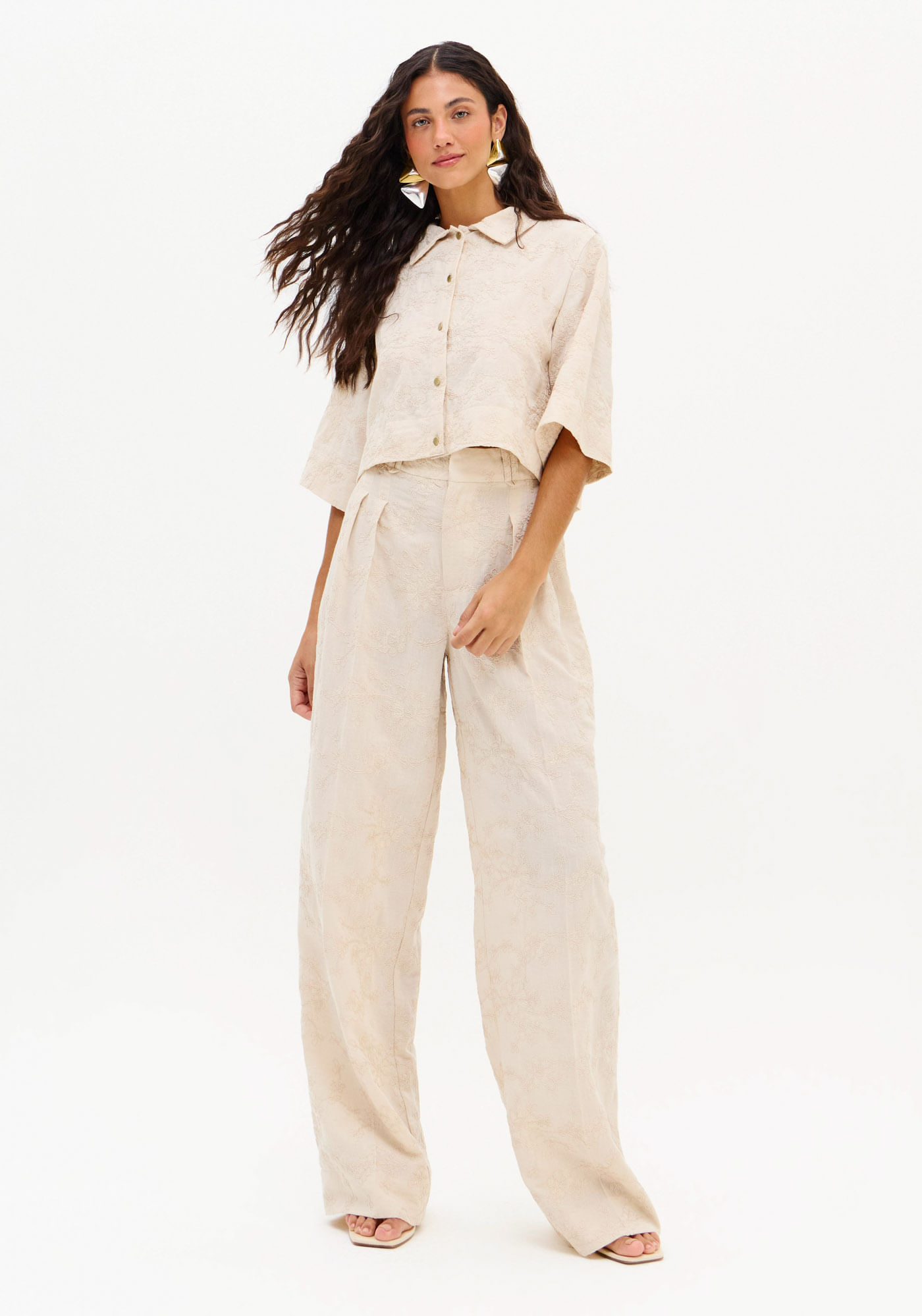 Camisa Cropped Manga Curta Com Linho