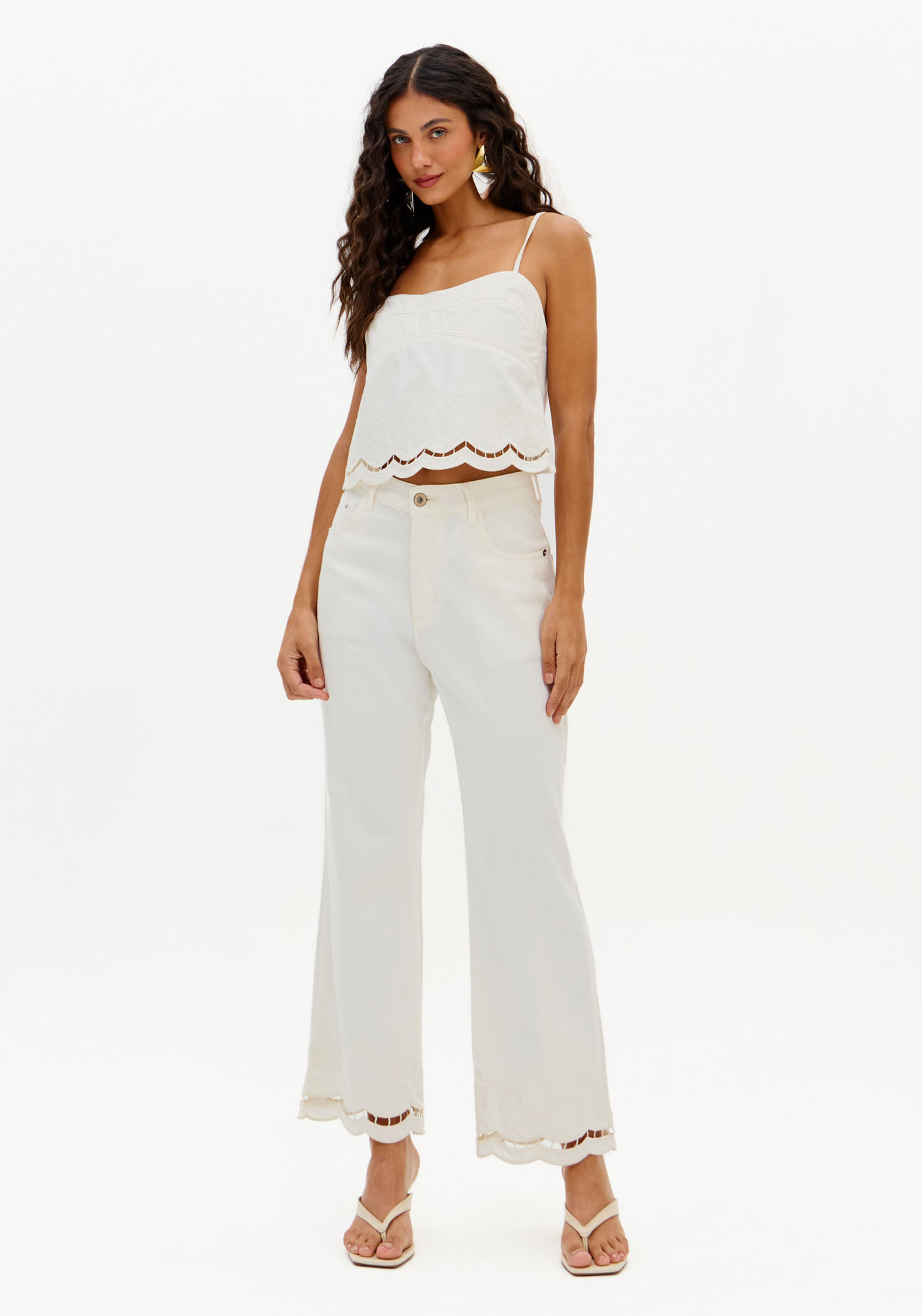 Calça Sarja Reta Cropped Cintura Alta