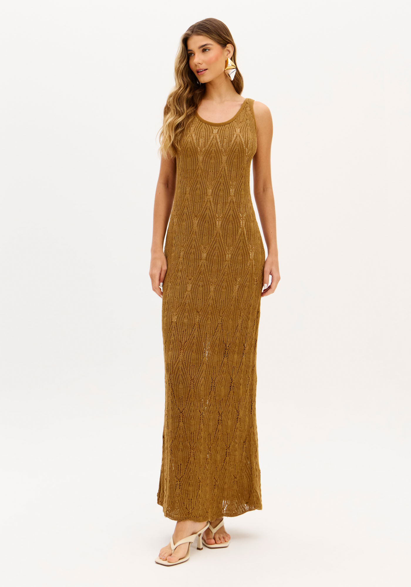 Vestido Super Midi Tricô com Abertura Costas