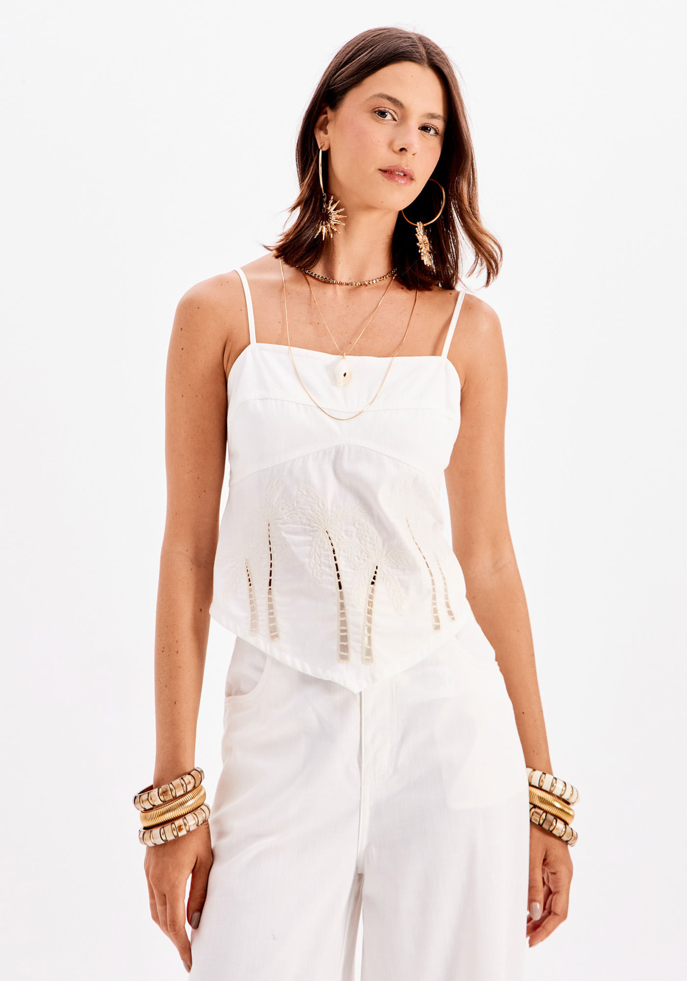 Blusa Sarja Curta Bordado Com Alças
