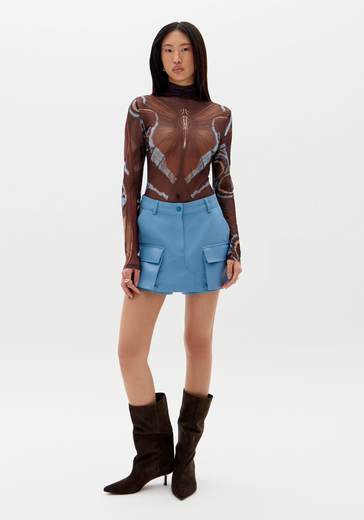 Body Estampado em Tule Manga Longa