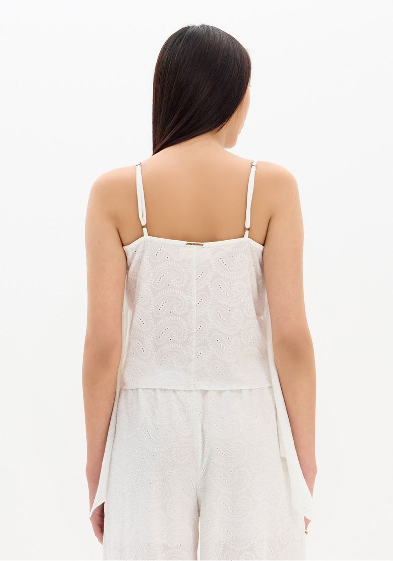 Close-das-alcas-finas-ajustaveis-e-do-detalhe-em-broderie-na-parte-de-tras-da-blusa-laise-branca-mostrando-acabamento-e-textura.