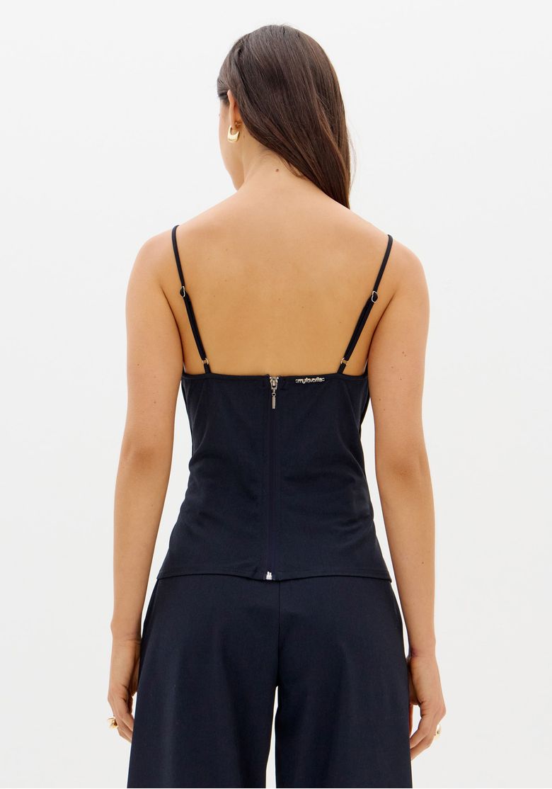 Vista traseira completa da blusa corset ajustada em tecido azul com zíper.