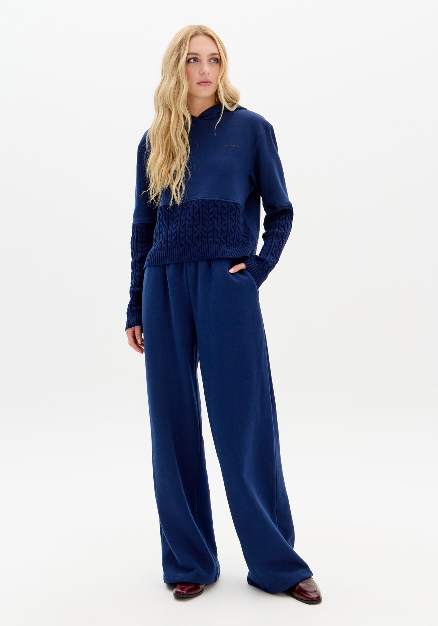 Calça Moletom Wide Leg Cintura Alta